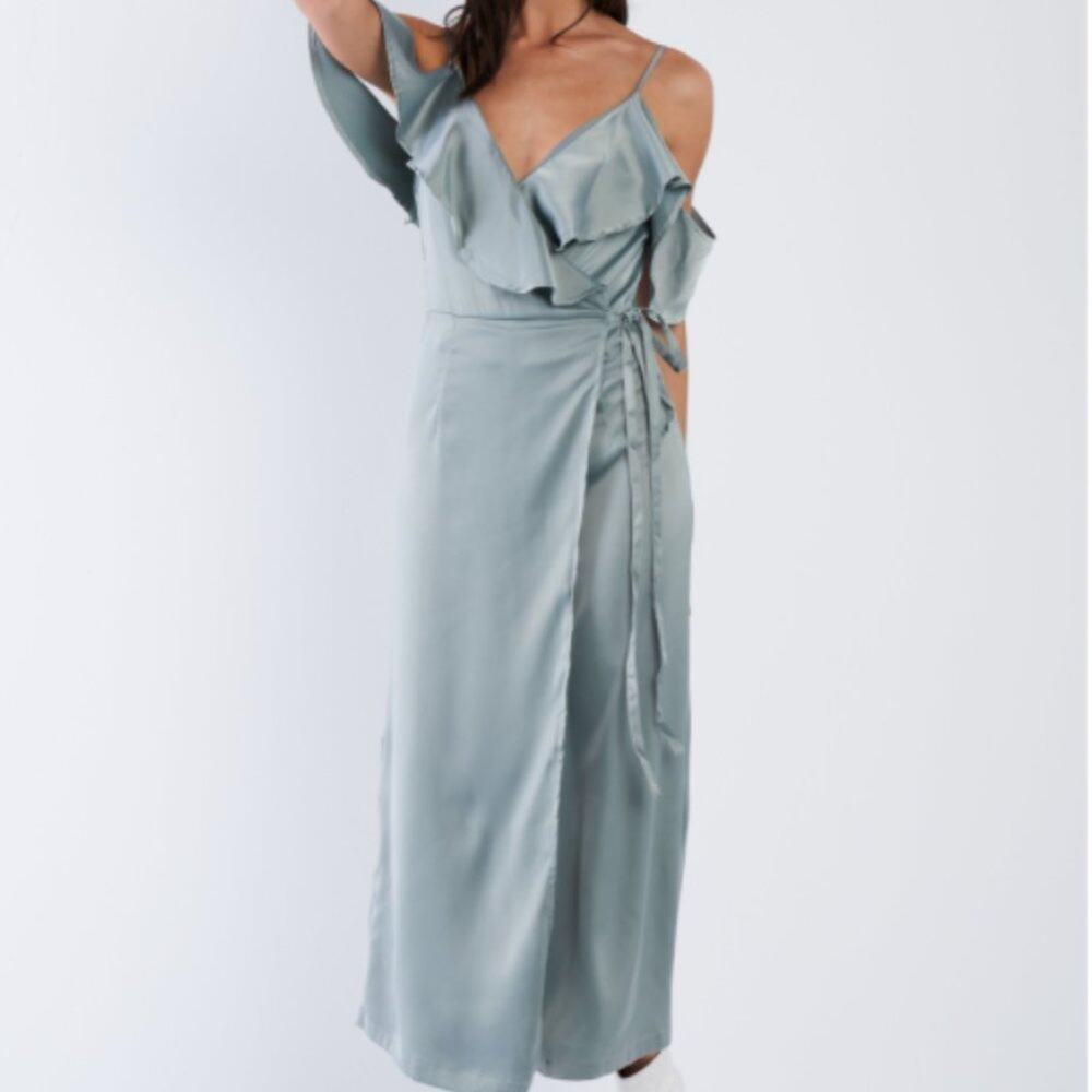 Satin Sage Green Off-The-Shoulder Mock Wrap Chic Jumpsuit - Picture 4 of 4